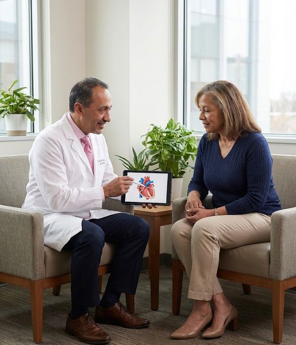 Cardiologist discussing heart health with patient in modern medical office